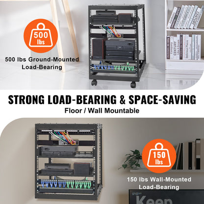 VEVOR 15U Open Frame Server Rack, Adjustable Depth, Free Standing or Wall Mount