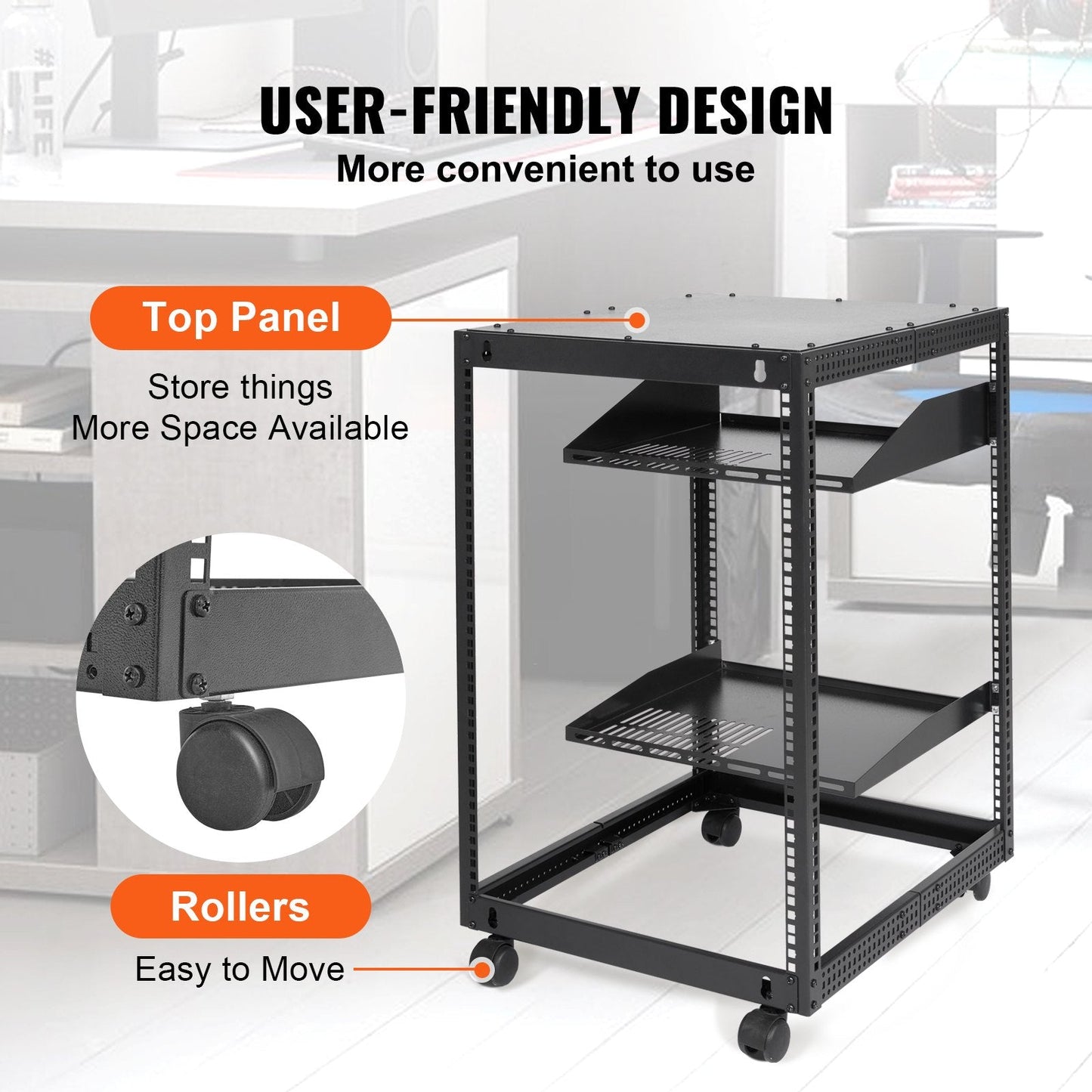 15U Open Frame Server Rack, Adjustable Depth, Free Standing/Wall Mount, Black