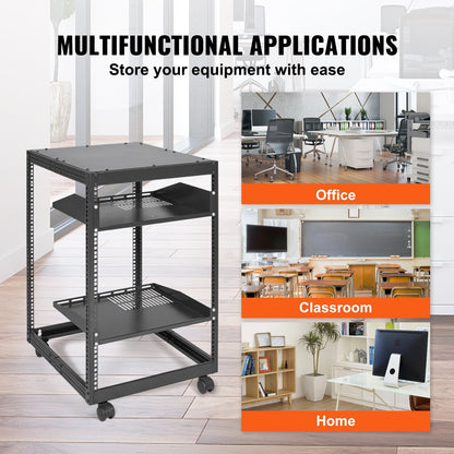 15U Open Frame Server Rack, Adjustable Depth, Free Standing/Wall Mount, Black