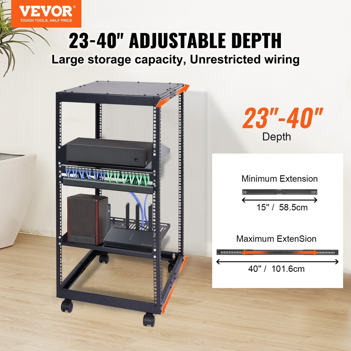 VEVOR 20U Open Frame Server Rack, 15''-40'' Adjustable Depth, Free Standing or Wall
