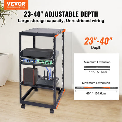 VEVOR 20U Open Frame Server Rack, 15''-40'' Adjustable Depth, Free Standing or Wall