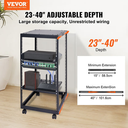 20U Open Frame Server Rack, Adjustable Depth 0.38-1.02m, Free Standing/Wall Mount
