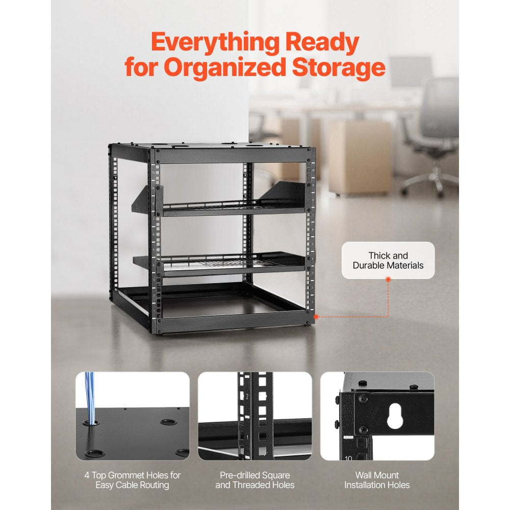 10U Open Frame Network Rack, 585 mm Depth, Wall Mounted or Floor Standing Server Rack, Heavy Duty 4 Post, with Vented Shelves & Mounting Hardware, Holds All Your Networking IT Equipment AV Gear