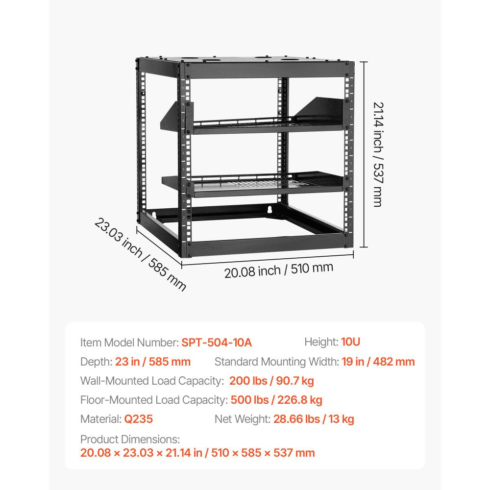 10U Open Frame Network Rack, 585 mm Depth, Wall Mounted or Floor Standing Server Rack, Heavy Duty 4 Post, with Vented Shelves & Mounting Hardware, Holds All Your Networking IT Equipment AV Gear