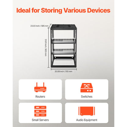 16U Open Frame Network Rack Wall Mounted Server Rack 4 Post with Shelves