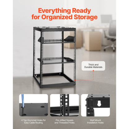 16U Open Frame Network Rack Wall Mounted Server Rack 4 Post with Shelves