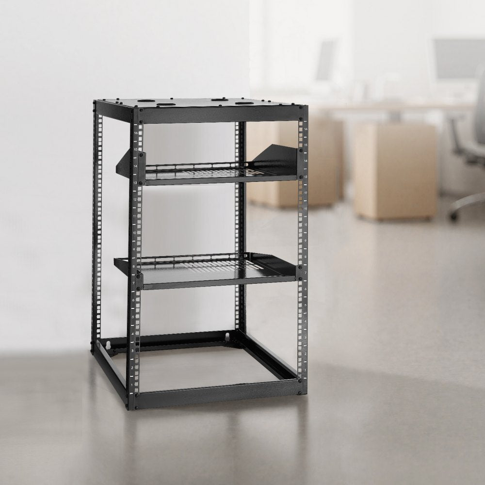 16U Open Frame Network Rack Wall Mounted Server Rack 4 Post with Shelves