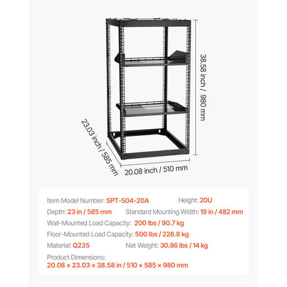 20U Open Frame Network Rack Wall Mounted Server Rack 4 Post with Shelves