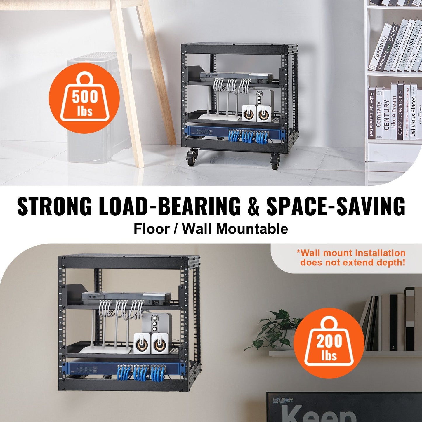 9U 4-Post Open Frame Server Rack, Adjustable Depth 0.58-1.02m, 227kg Capacity