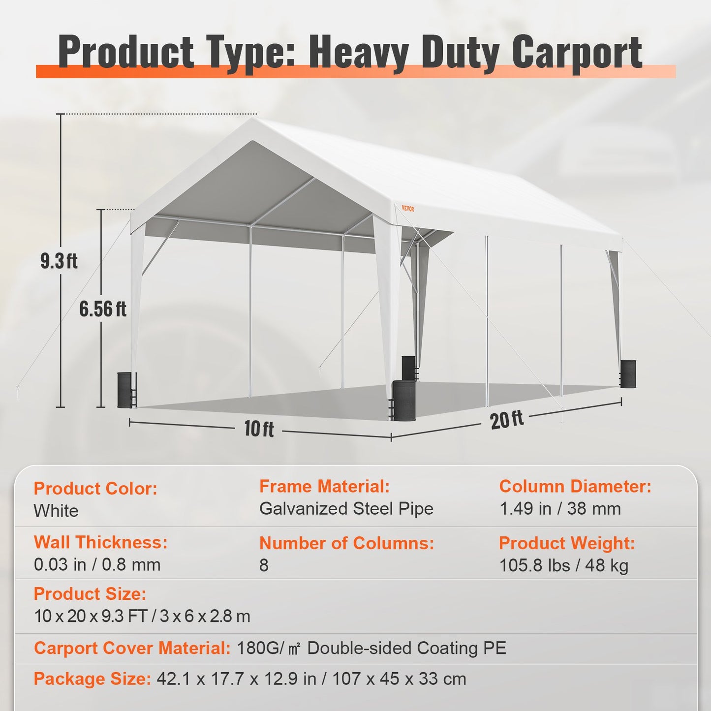 VEVOR Carport Car Canopy Garage Shelter Tent 10x20ft with 8 Poles for Auto Boats