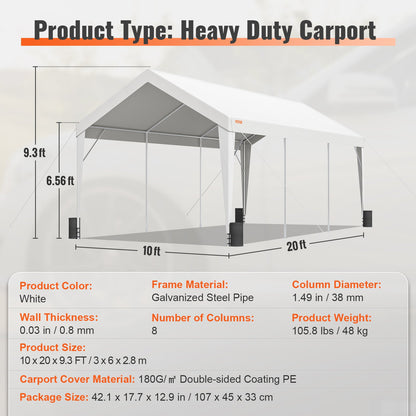 VEVOR Carport Car Canopy Garage Shelter Tent 10x20ft with 8 Poles for Auto Boats