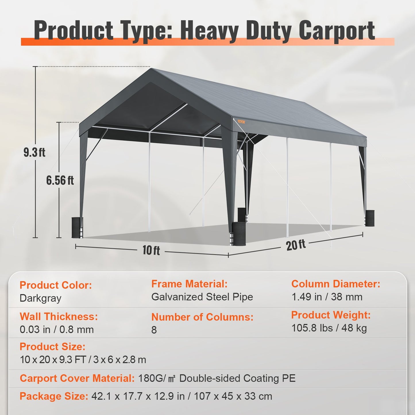 VEVOR Carport, Heavy Duty 10 x 20ft Car Canopy, Outdoor Garage Shelter with 8 Reinforced