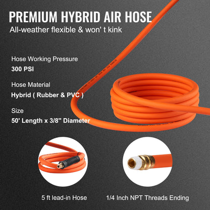 Retractable Air Hose Reel with 15m Hybrid Hose, 300 PSI, Automatic Retraction