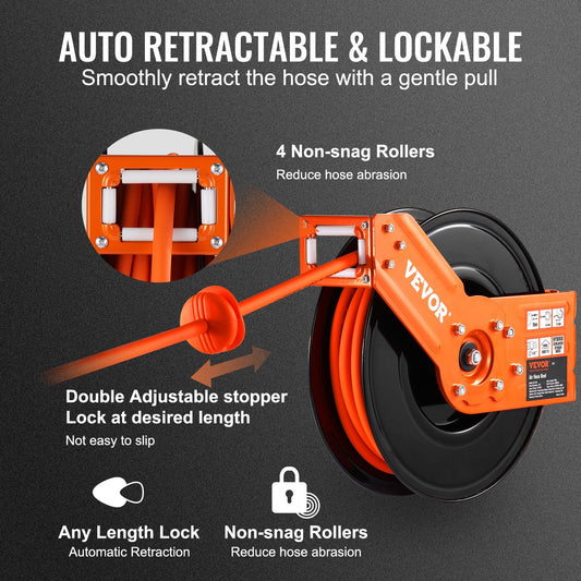 Retractable Air Hose Reel with 15m Hybrid Hose, 300 PSI, Automatic Retraction