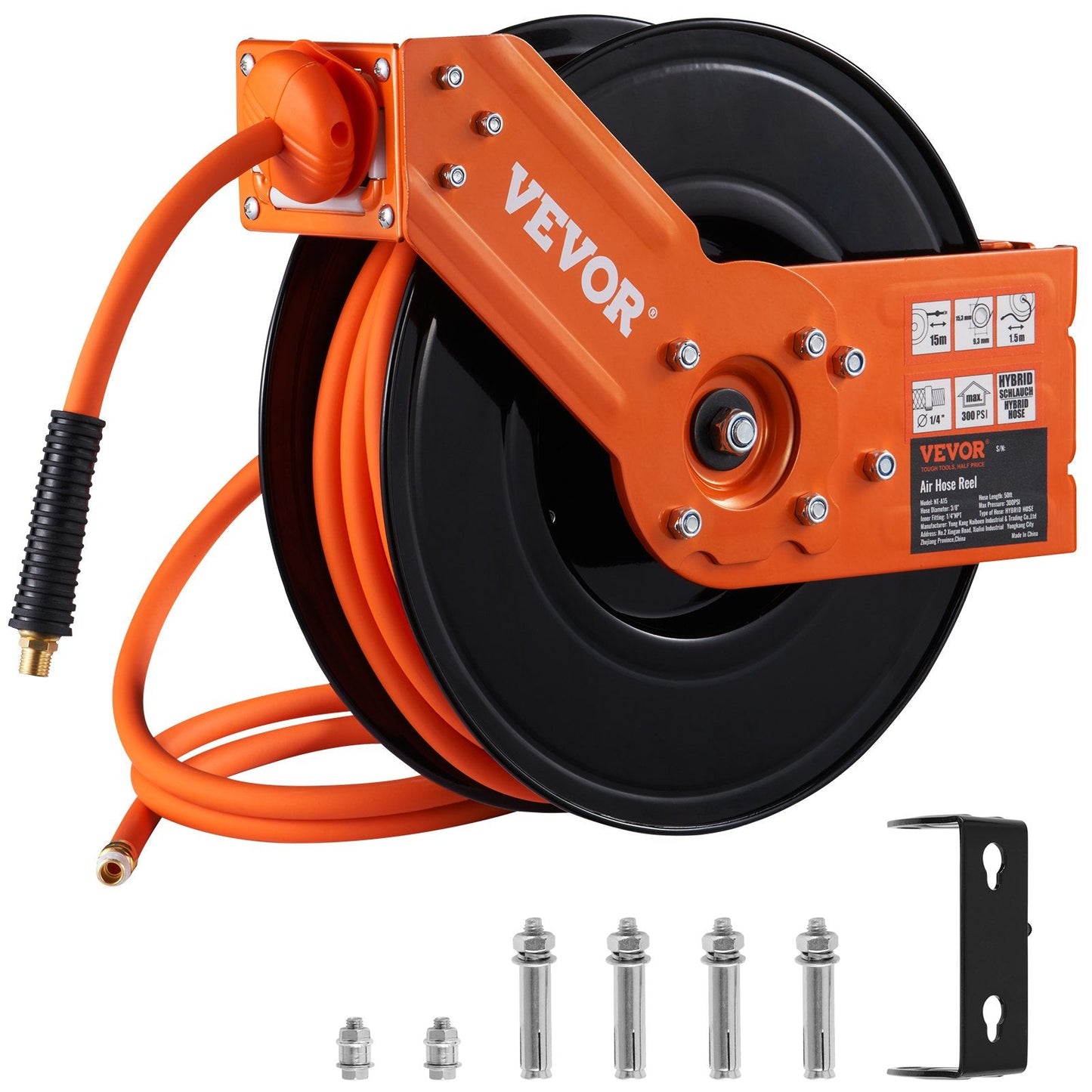Retractable Air Hose Reel with 15m Hybrid Hose, 300 PSI, Automatic Retraction