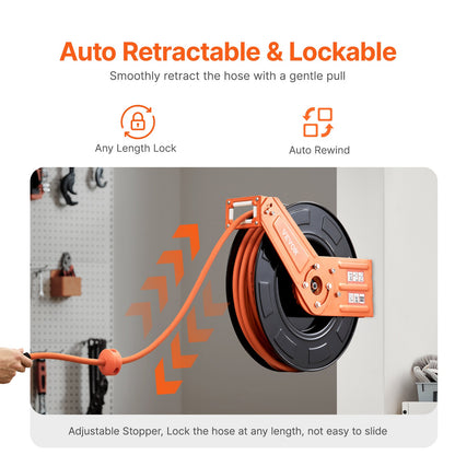 Retractable Air Hose Reel, 3/8IN x 100FT Rubber Air Hose Max 300PSI, Air Compressor Hose Reel Auto-Rewind with 5FT Lead in, Ceiling/Wall Mount Heavy Duty Single Arm Steel Reel, 1/4" NPT Fitting