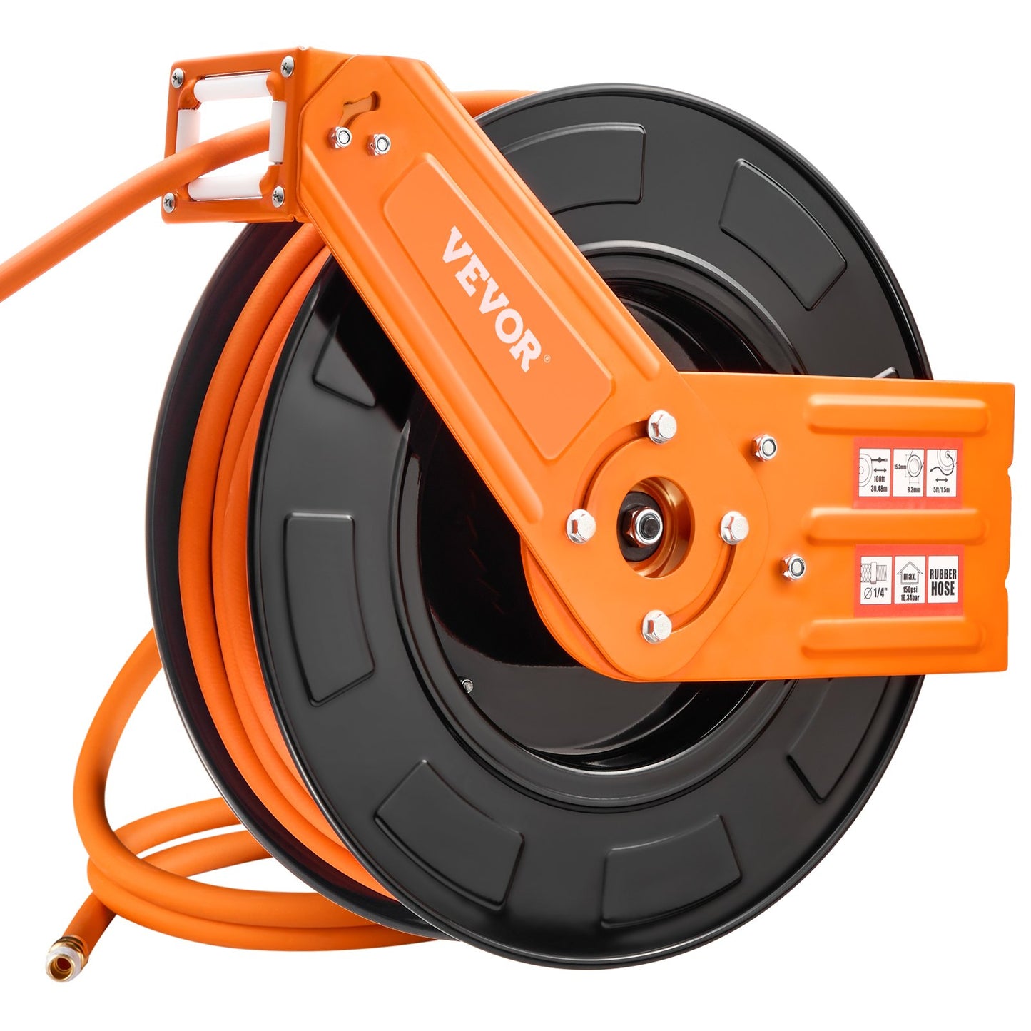 Retractable Air Hose Reel, 3/8IN x 100FT Rubber Air Hose Max 300PSI, Air Compressor Hose Reel Auto-Rewind with 5FT Lead in, Ceiling/Wall Mount Heavy Duty Single Arm Steel Reel, 1/4" NPT Fitting
