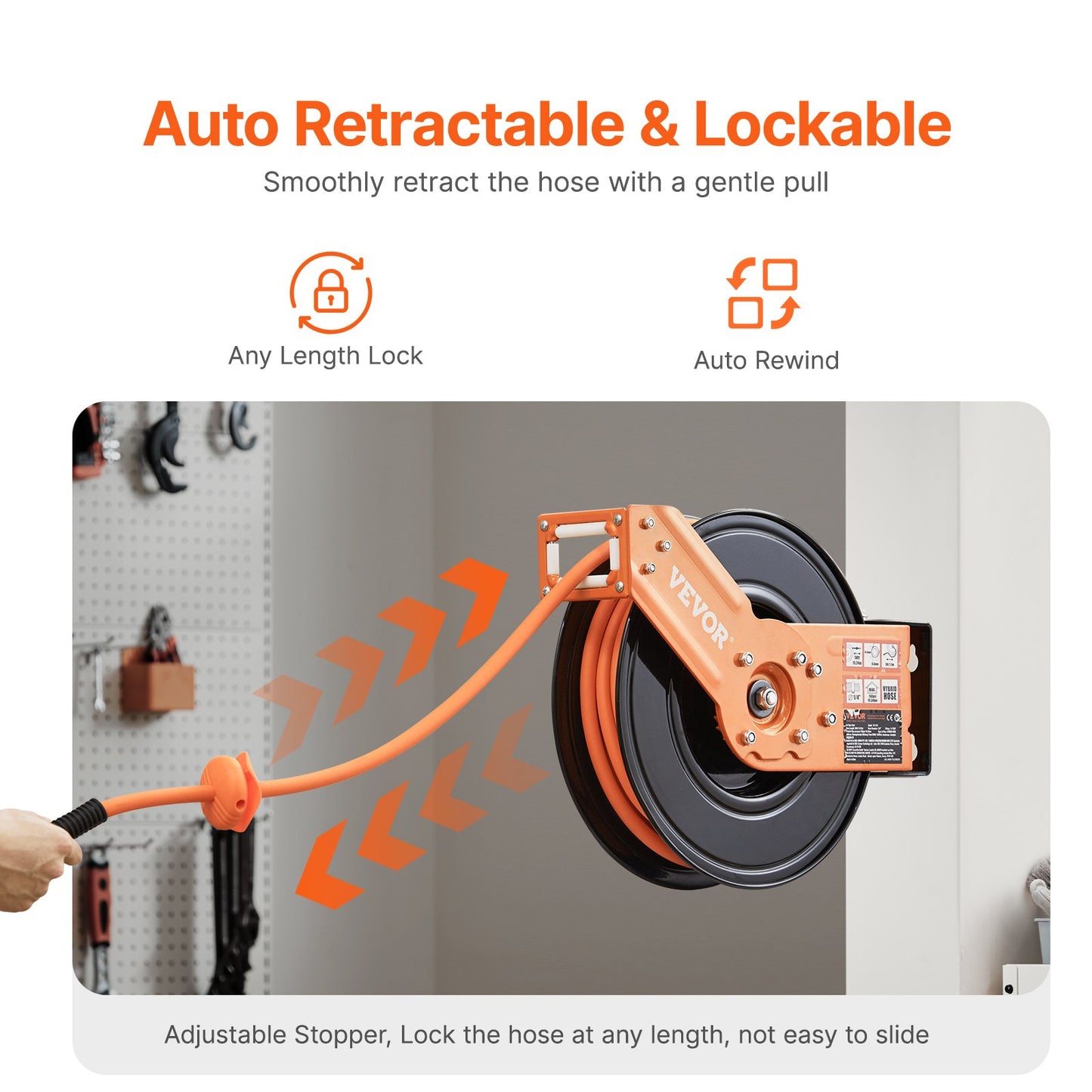 Retractable Air Hose Reel, 3/8IN x 50FT Rubber Air Hose Max 300PSI, Air Compressor Hose Reel Auto-Rewind with 5FT Lead in, Ceiling/Wall Mount Heavy Duty Single Arm Reel & 180° Swivel Bracket