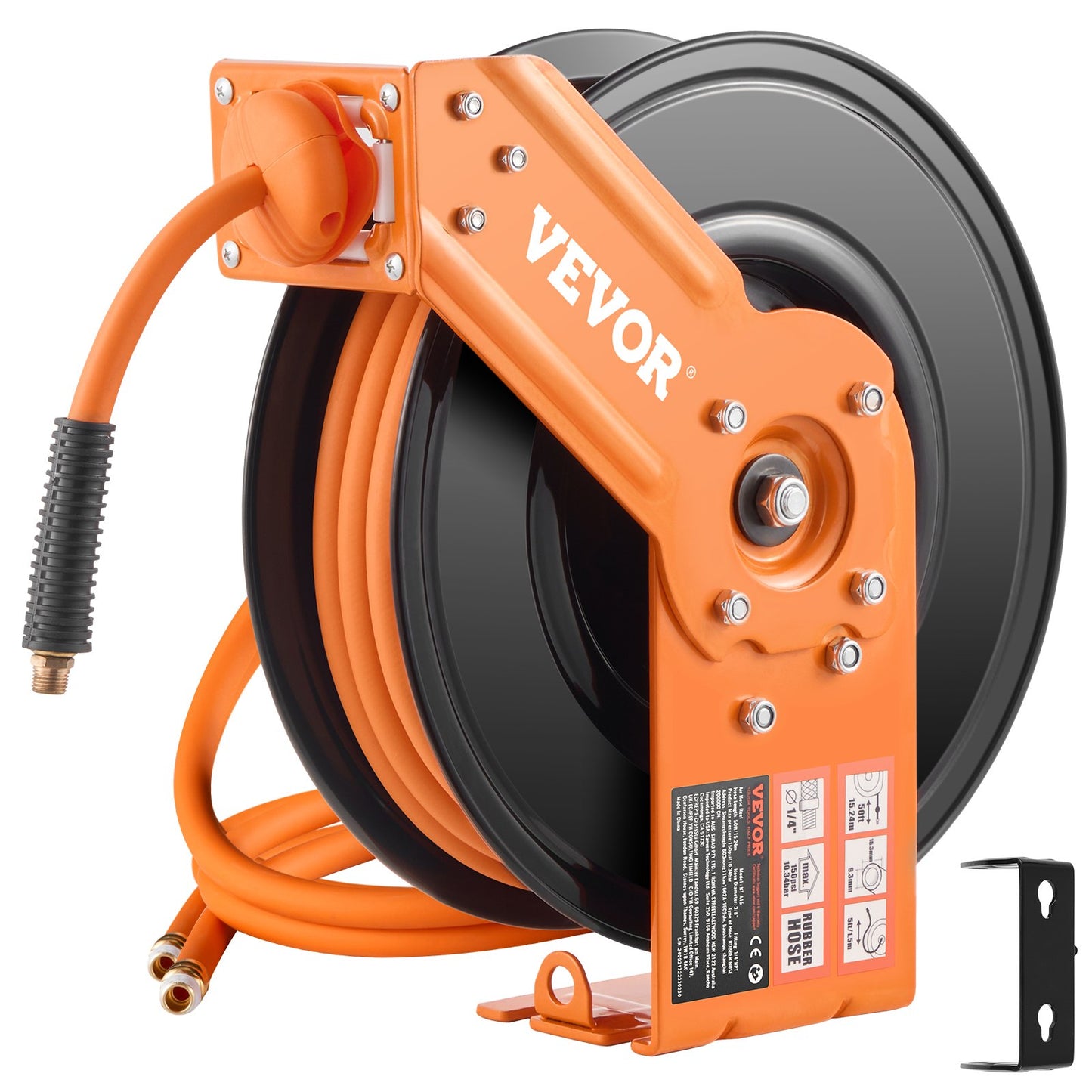 Retractable Air Hose Reel, 3/8IN x 50FT Rubber Air Hose Max 300PSI, Air Compressor Hose Reel Auto-Rewind with 5FT Lead in, Ceiling/Wall Mount Heavy Duty Single Arm Reel & 180° Swivel Bracket