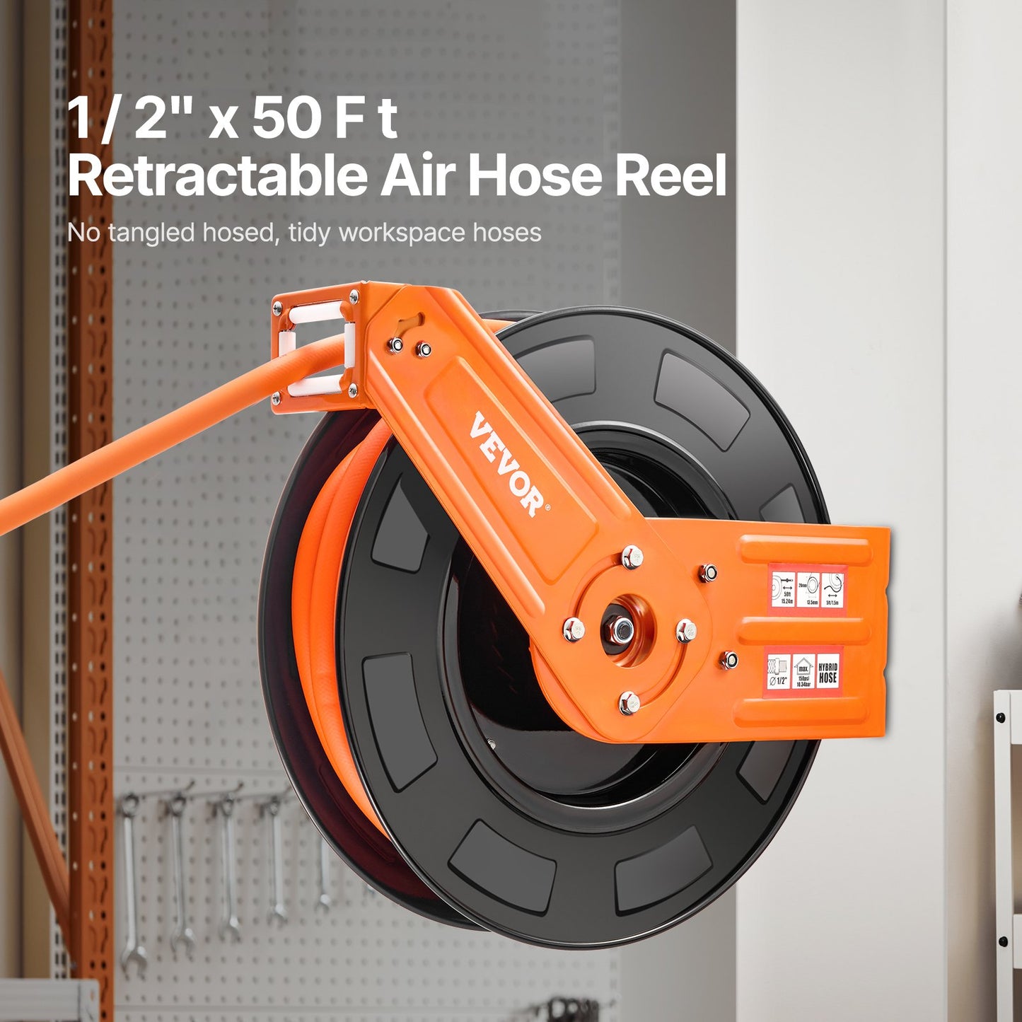 Retractable Air Hose Reel, 1/2 IN x 50 FT Hybrid Air Hose Max 300PSI, Air Compressor Hose Reel Auto-Rewind with 5FT Lead in, Ceiling/Wall Mount Heavy Duty Single Arm Steel Reel, 1/2" NPT Fitting