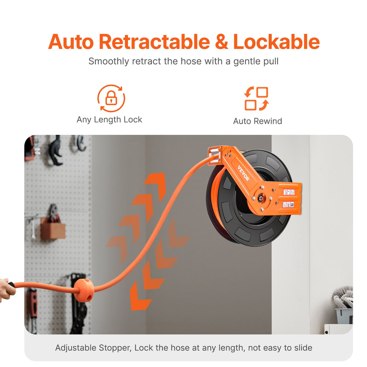 Retractable Air Hose Reel, 1/2 IN x 50 FT Hybrid Air Hose Max 300PSI, Air Compressor Hose Reel Auto-Rewind with 5FT Lead in, Ceiling/Wall Mount Heavy Duty Single Arm Steel Reel, 1/2" NPT Fitting