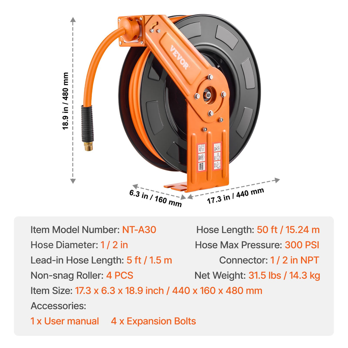 Retractable Air Hose Reel, 1/2 IN x 50 FT Hybrid Air Hose Max 300PSI, Air Compressor Hose Reel Auto-Rewind with 5FT Lead in, Ceiling/Wall Mount Heavy Duty Single Arm Steel Reel, 1/2" NPT Fitting