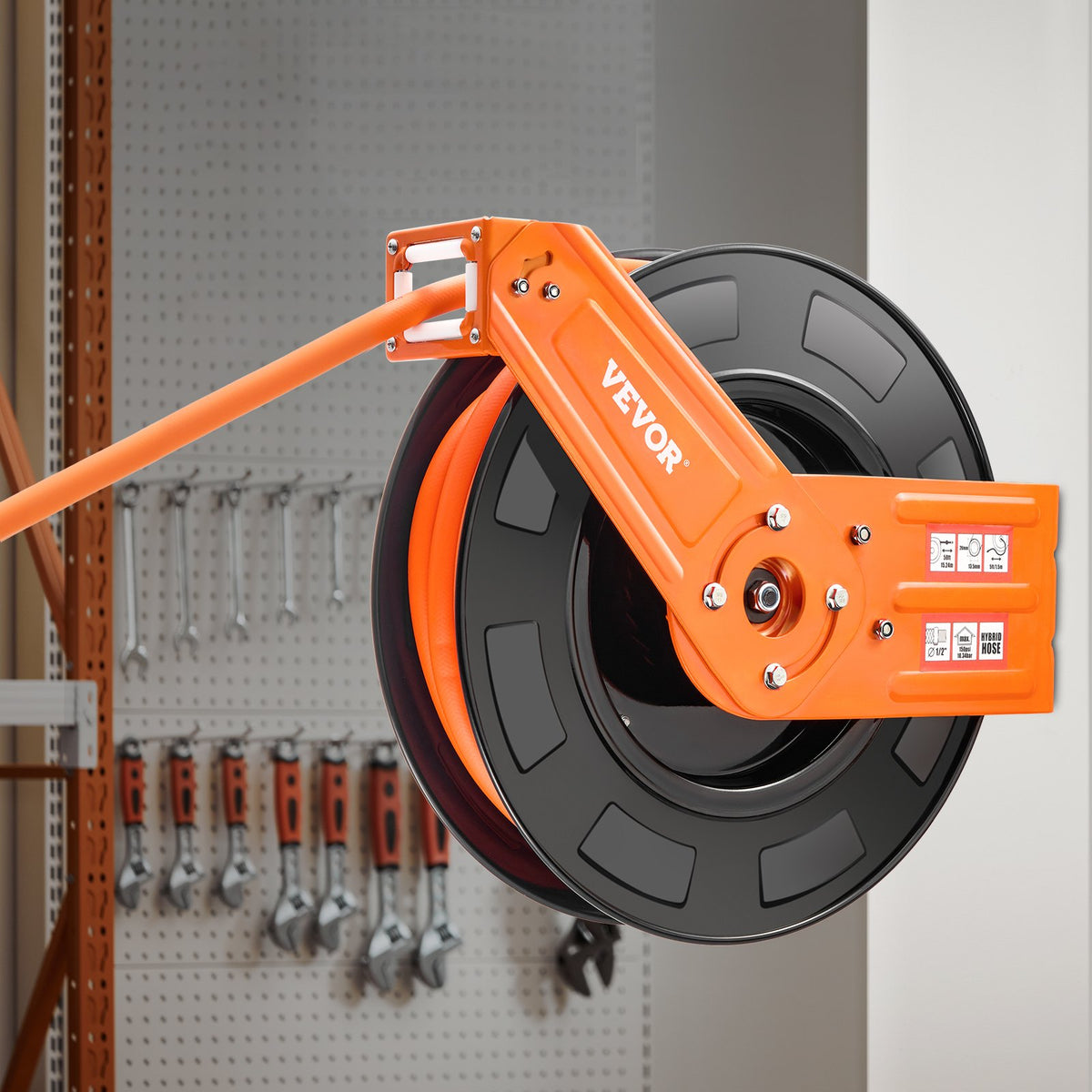 Retractable Air Hose Reel, 1/2 IN x 50 FT Hybrid Air Hose Max 300PSI, Air Compressor Hose Reel Auto-Rewind with 5FT Lead in, Ceiling/Wall Mount Heavy Duty Single Arm Steel Reel, 1/2" NPT Fitting