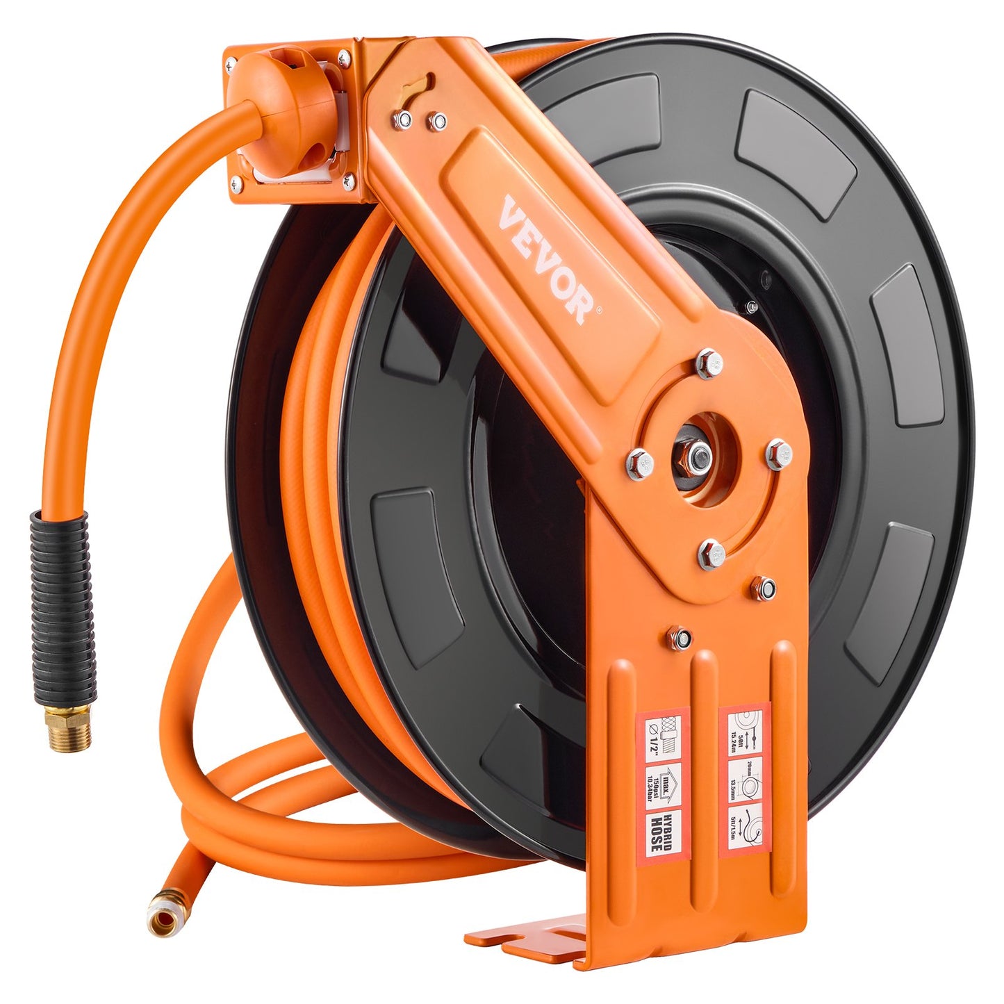 Retractable Air Hose Reel, 1/2 IN x 50 FT Hybrid Air Hose Max 300PSI, Air Compressor Hose Reel Auto-Rewind with 5FT Lead in, Ceiling/Wall Mount Heavy Duty Single Arm Steel Reel, 1/2" NPT Fitting