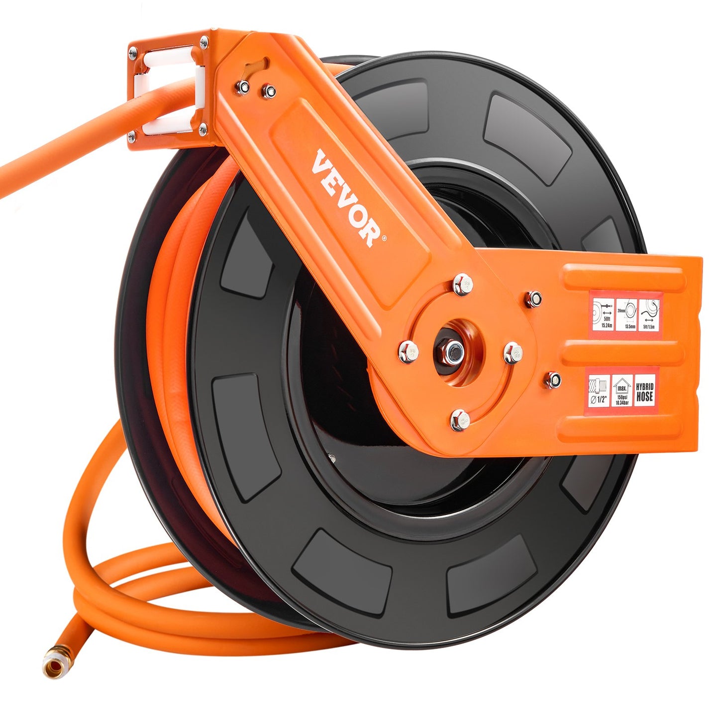 Retractable Air Hose Reel, 1/2 IN x 50 FT Hybrid Air Hose Max 300PSI, Air Compressor Hose Reel Auto-Rewind with 5FT Lead in, Ceiling/Wall Mount Heavy Duty Single Arm Steel Reel, 1/2" NPT Fitting