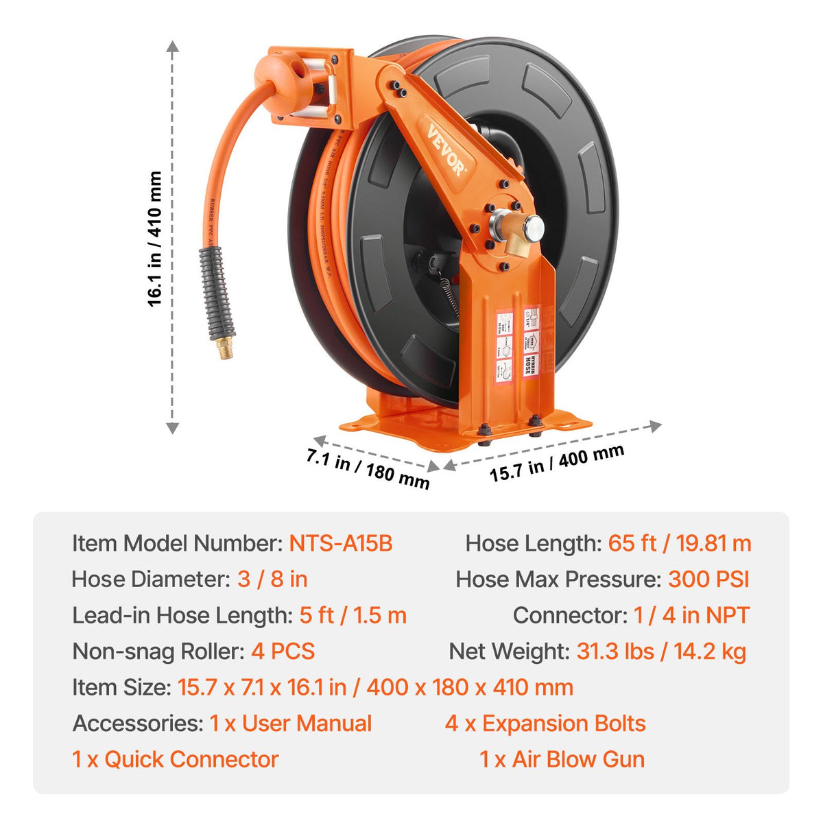 Retractable Air Hose Reel with Double Arms, 3/8 IN x 65FT Hybrid Air Hose Max 300PSI, Air Compressor Hose Reel with 5FT Lead in, Ceiling/Wall Mount Heavy Duty Steel Reel for Workshop Garage