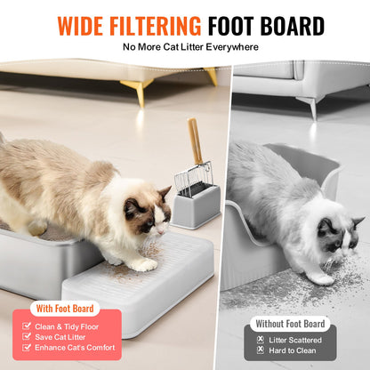 Cat Litter Box, 152 mm Deep, XL Extra Large Stainless Steel Cat Litter Box with Scoop, Wide Filtering Foot Board & High Sides, Enclosed Odor-Free Easy-to-Clean Litter Box, Fit for Big Cats