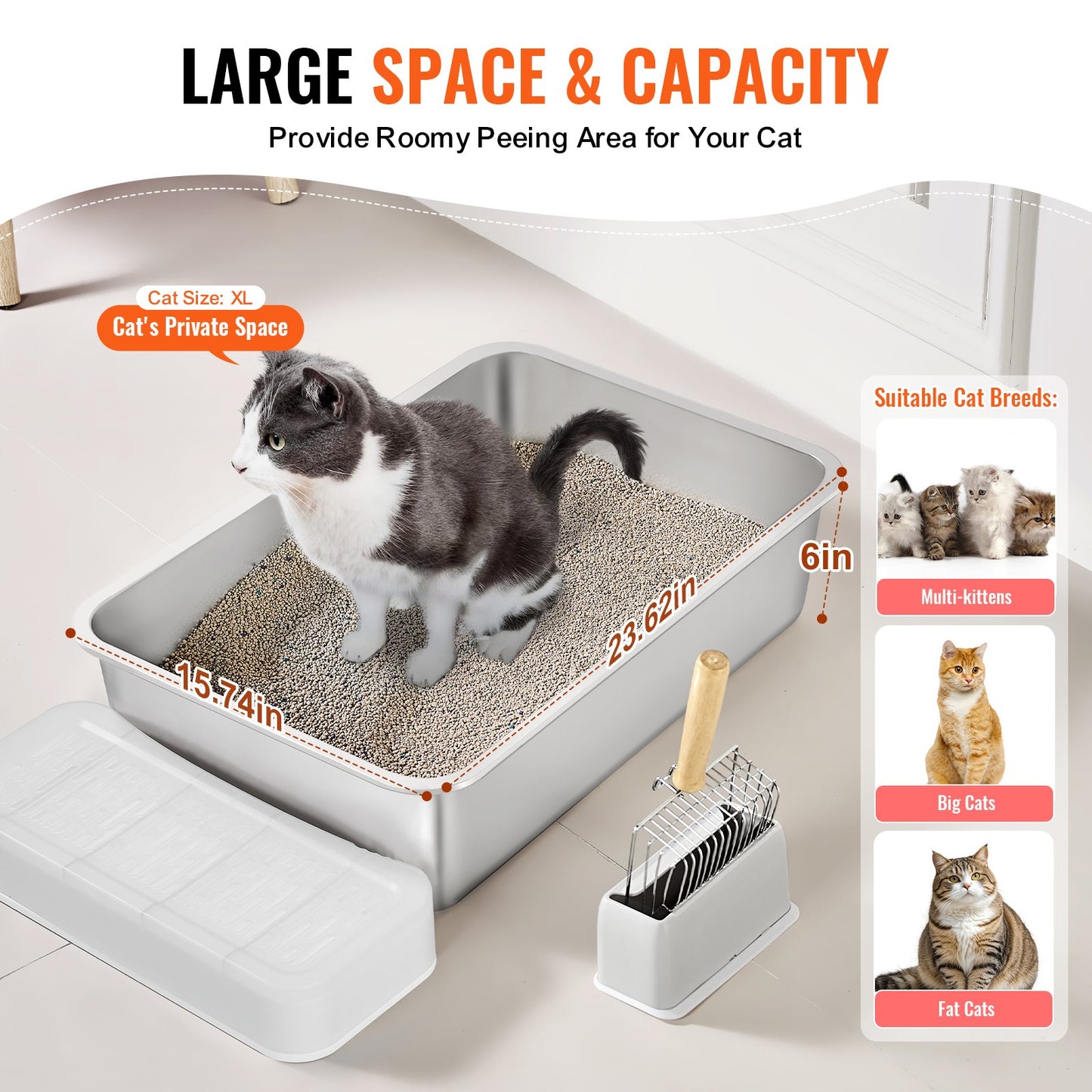 Cat Litter Box, 152 mm Deep, XL Extra Large Stainless Steel Cat Litter Box with Scoop, Wide Filtering Foot Board & High Sides, Enclosed Odor-Free Easy-to-Clean Litter Box, Fit for Big Cats