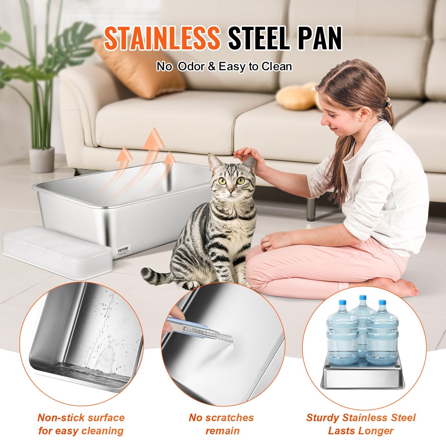 Cat Litter Box, 152 mm Deep, XL Extra Large Stainless Steel Cat Litter Box with Scoop, Wide Filtering Foot Board & High Sides, Enclosed Odor-Free Easy-to-Clean Litter Box, Fit for Big Cats