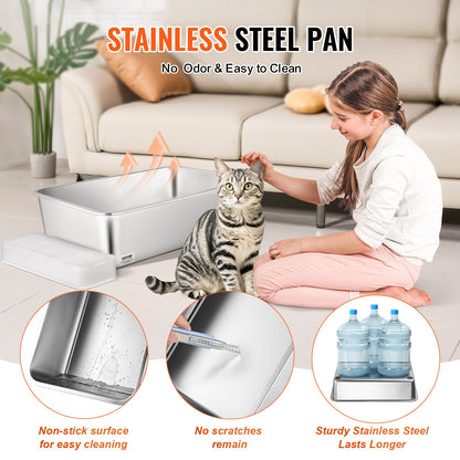 Cat Litter Box, 152 mm Deep, XL Extra Large Stainless Steel Cat Litter Box with Scoop, Wide Filtering Foot Board & High Sides, Enclosed Odor-Free Easy-to-Clean Litter Box, Fit for Big Cats