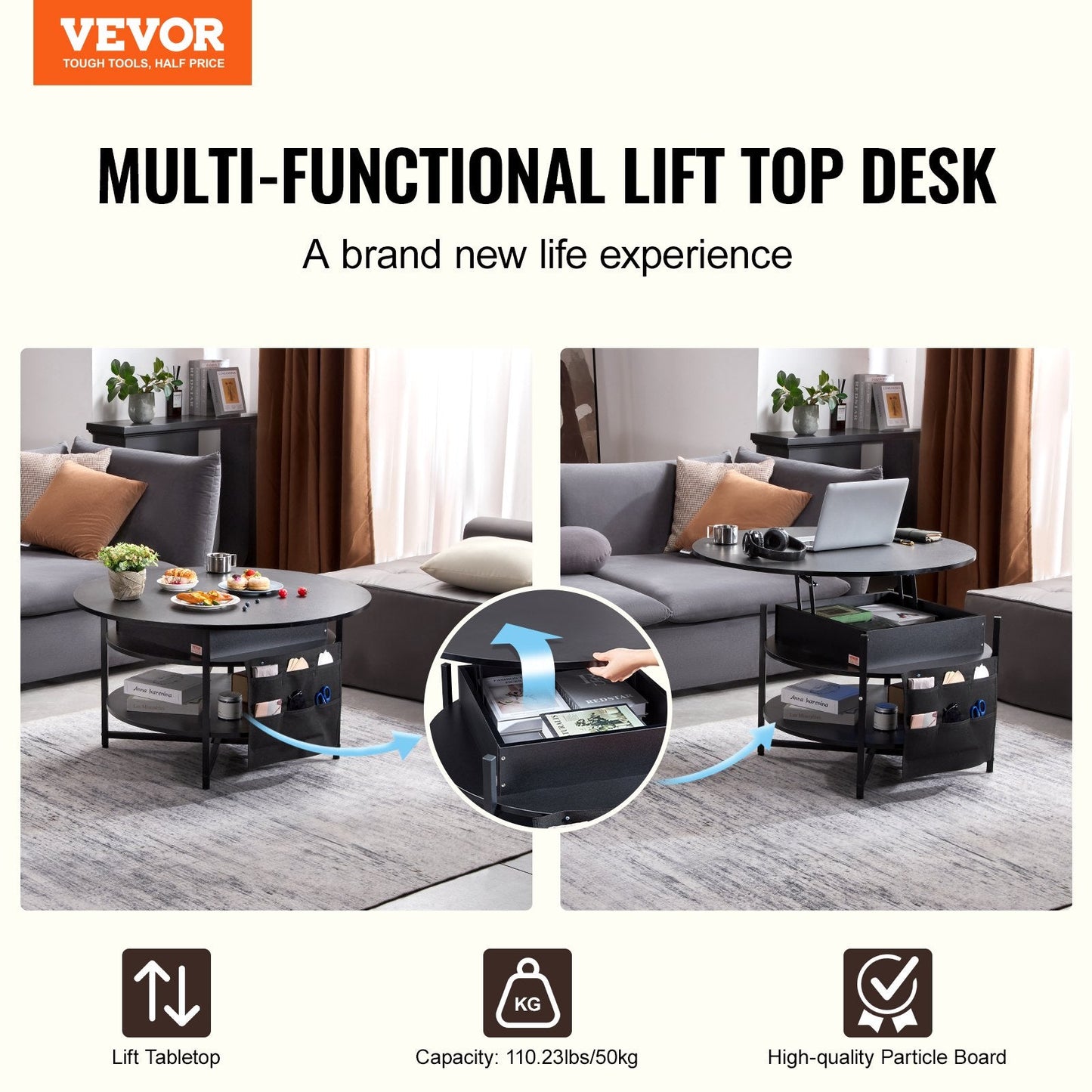 Round Lift Top Coffee Table, Adjustable Black Design with Storage, 90 cm Diameter
