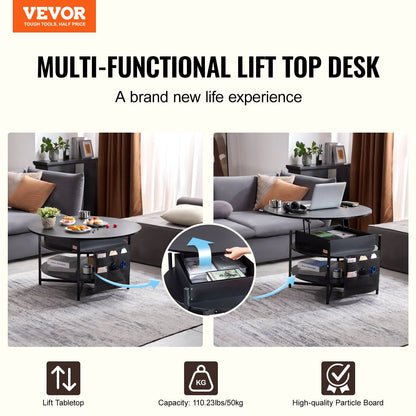 Round Lift Top Coffee Table, Adjustable Black Design with Storage, 90 cm Diameter