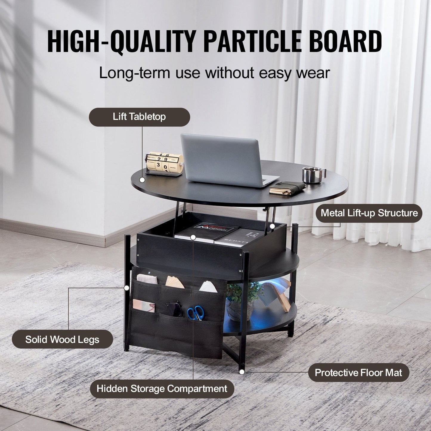 Round Lift Top Coffee Table, Adjustable Black Design with Storage, 90 cm Diameter