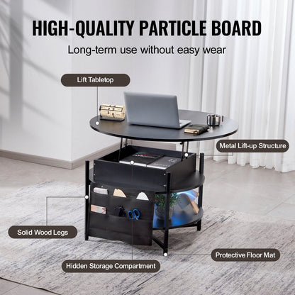 Round Lift Top Coffee Table, Adjustable Black Design with Storage, 90 cm Diameter
