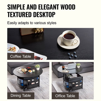 Round Lift Top Coffee Table, Adjustable Black Design with Storage, 90 cm Diameter
