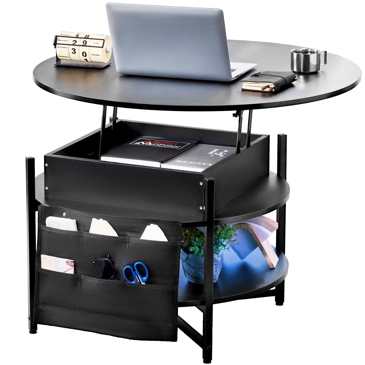 Round Lift Top Coffee Table, Adjustable Black Design with Storage, 90 cm Diameter