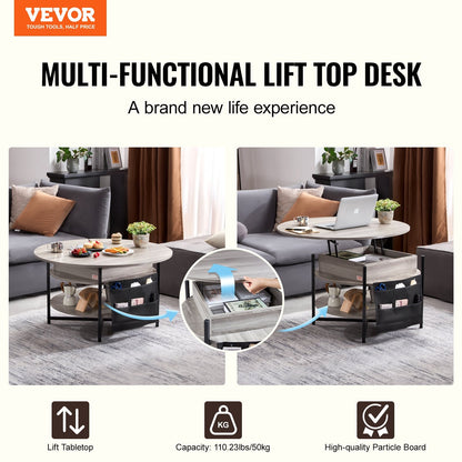 Round Lift-Top Coffee Table with Storage, 0.9 m Diameter, White