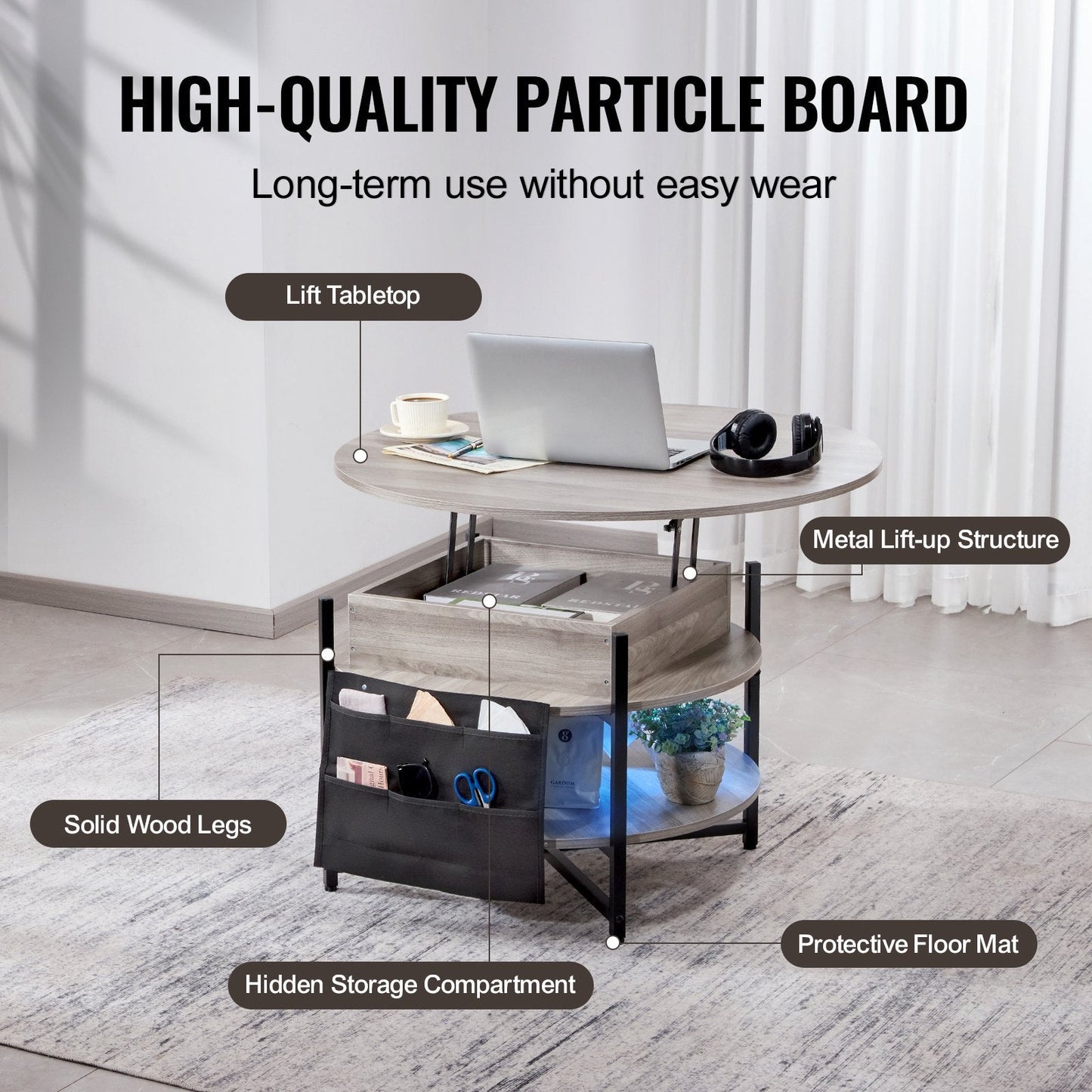 Round Lift-Top Coffee Table with Storage, 0.9 m Diameter, White