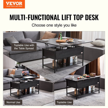 Lift Top Coffee Table with Adjustable Height, LED Lighting & USB Ports, Black