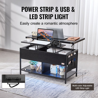 Lift Top Coffee Table with Adjustable Height, LED Lighting & USB Ports, Black