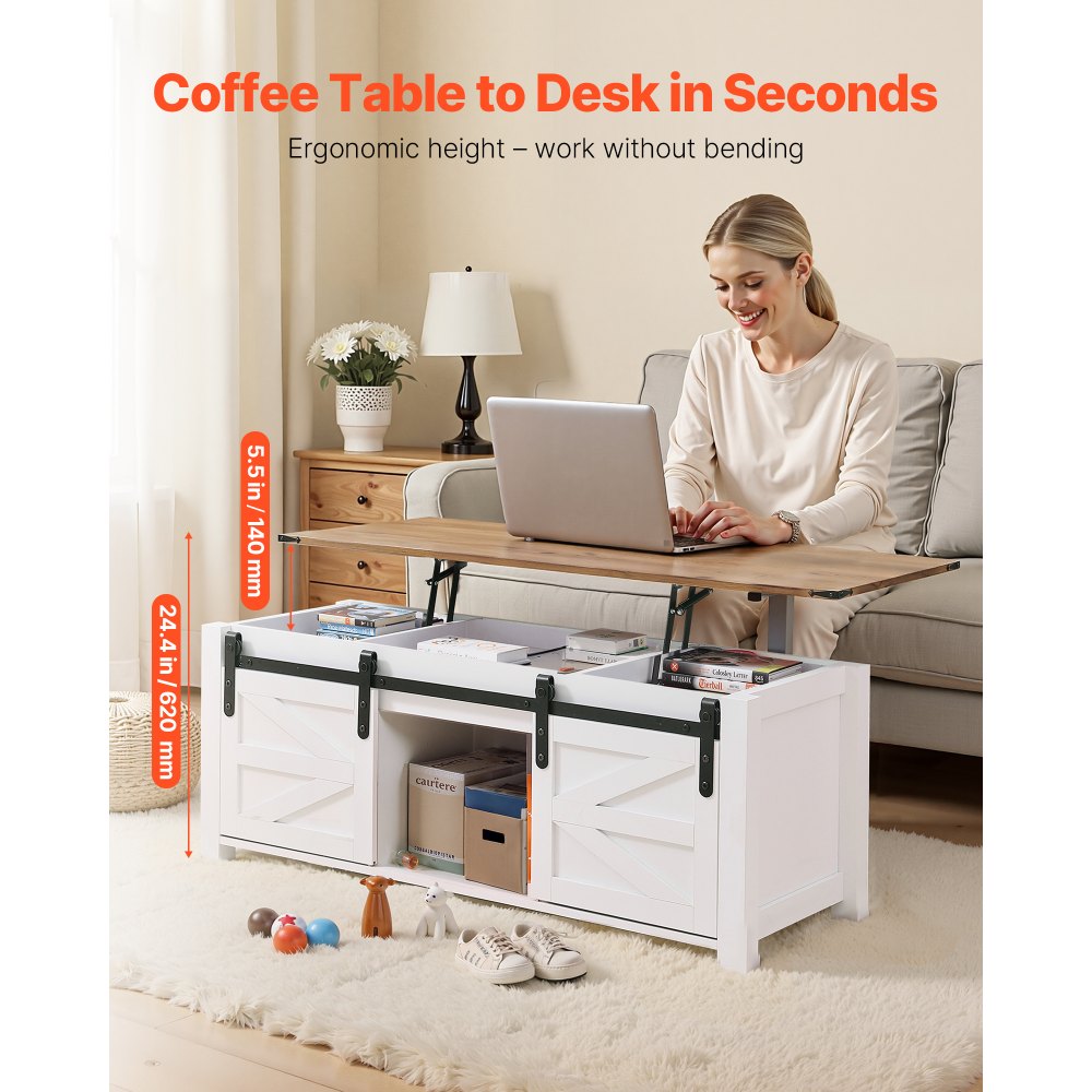 1200mm Farmhouse Lift Top Coffee Table with Barn Door & Hidden Compartment