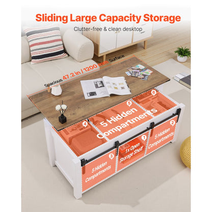 1200mm Farmhouse Lift Top Coffee Table with Barn Door & Hidden Compartment