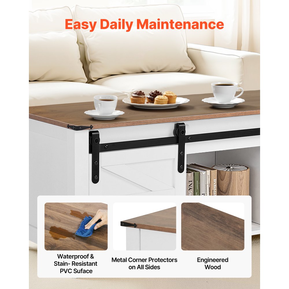 1200mm Farmhouse Lift Top Coffee Table with Barn Door & Hidden Compartment