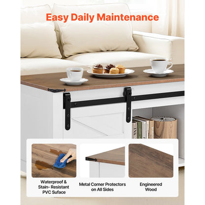 1200mm Farmhouse Lift Top Coffee Table with Barn Door & Hidden Compartment