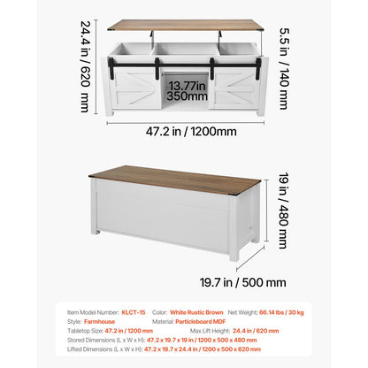 1200mm Farmhouse Lift Top Coffee Table with Barn Door & Hidden Compartment
