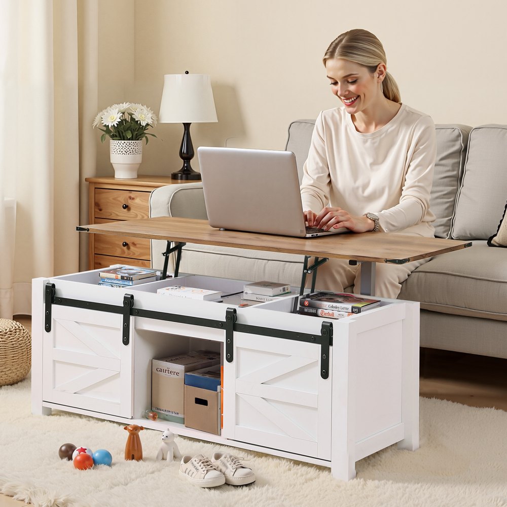 1200mm Farmhouse Lift Top Coffee Table with Barn Door & Hidden Compartment